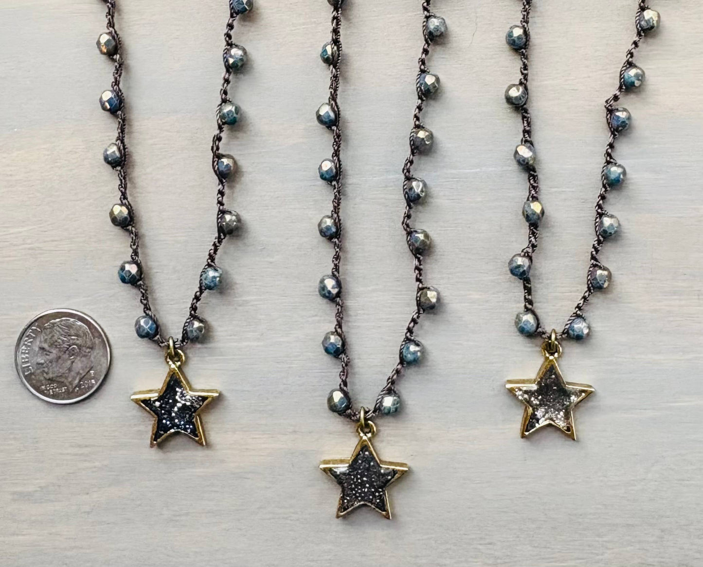 Midnight Glitter Star Pendant And Crocheted Necklace 