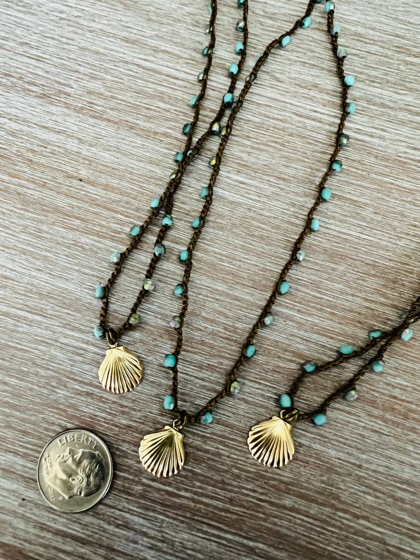 Dainty Beachside Blue Beads With Gold Plated Shell Charm