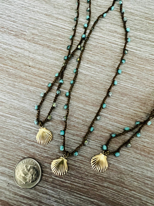 Dainty Beachside Blue Beads With Gold Plated Shell Charm