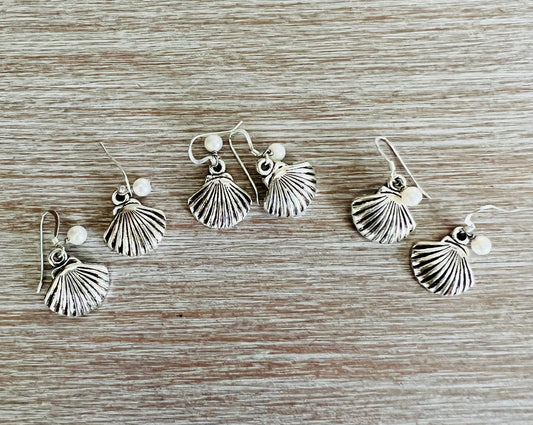 Pewter Shell Earrings With Freshwater Pearl Drops