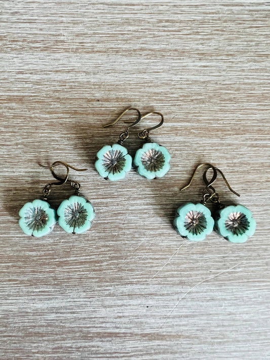 Vintage Style Aqua Pressed Glass Flower Earrings