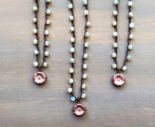 Raspberry Shimmer Glass Flower Pendant With Opal Crystals