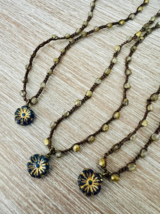 Antique Indigo Dainty Flower Necklace With Czech Crystal 