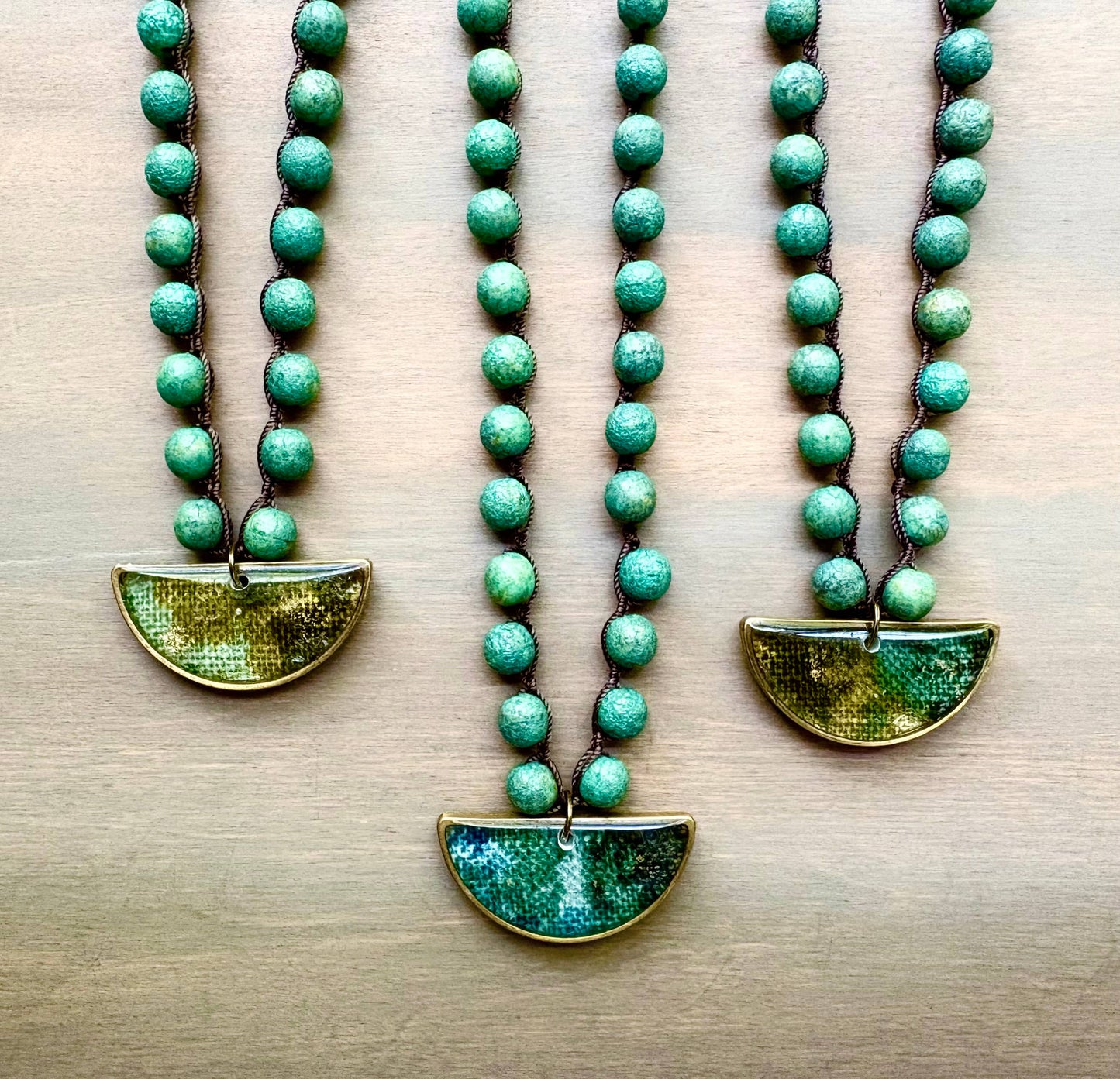 Antique Linen Handmade Pendant With Rustic Green Crystal