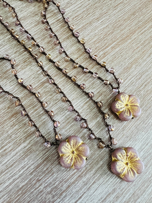 Pink Glass Crystal Flower Necklace With Golden Shimmer