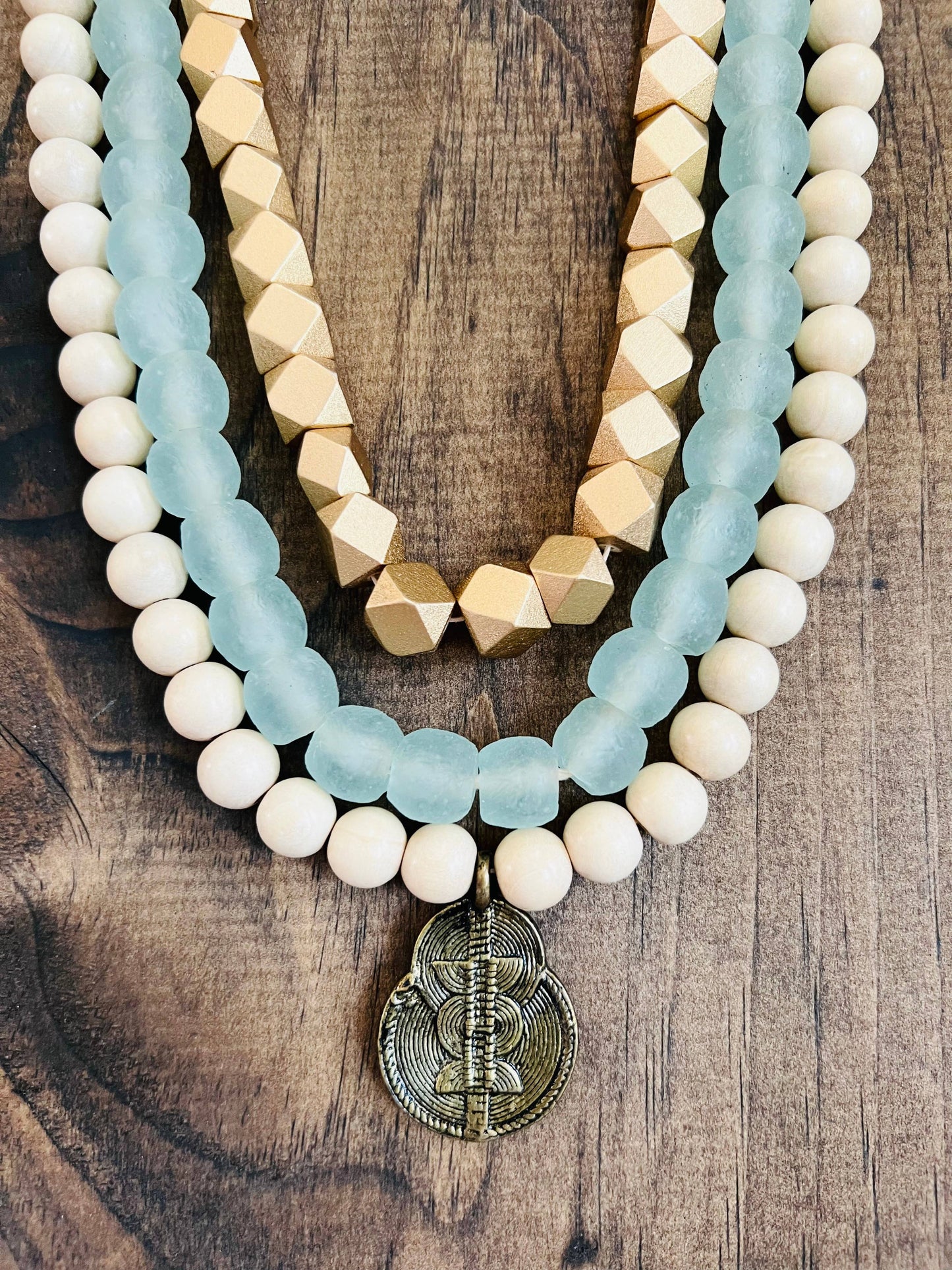 Sea Glass And Wood Golden Beach Goddess Layered Necklaces