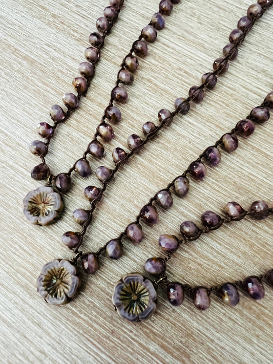 Smoky Lavender Pressed Glass Cottage Core Flower Necklace