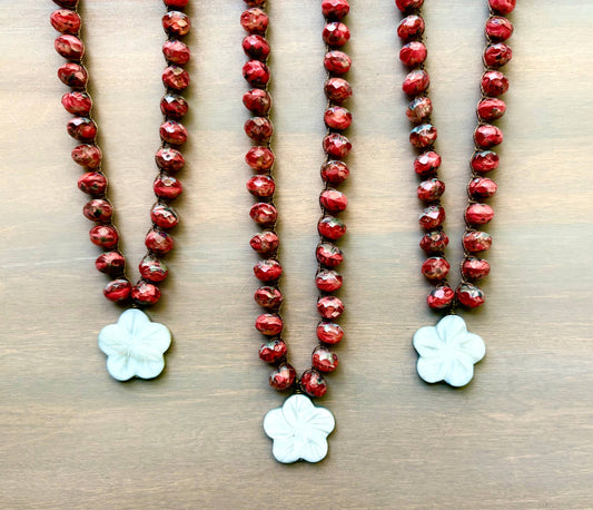Coral Red Crystal with Silvery Carved Mother Of Pearl Flower