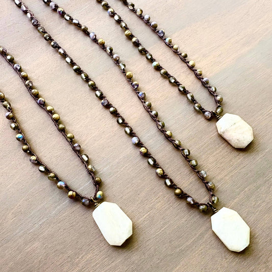 Galaxy Crystal Crocheted Necklace With Sunset Moonstone Drop