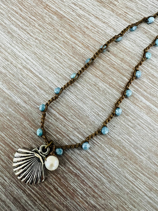 Seaside Charm Pewter Shell Necklace With Freshwater Pearl