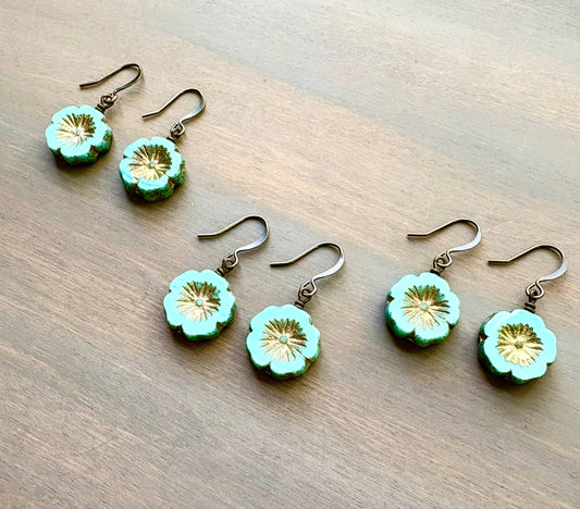Golden Aqua Pressed Glass Flower Earrings