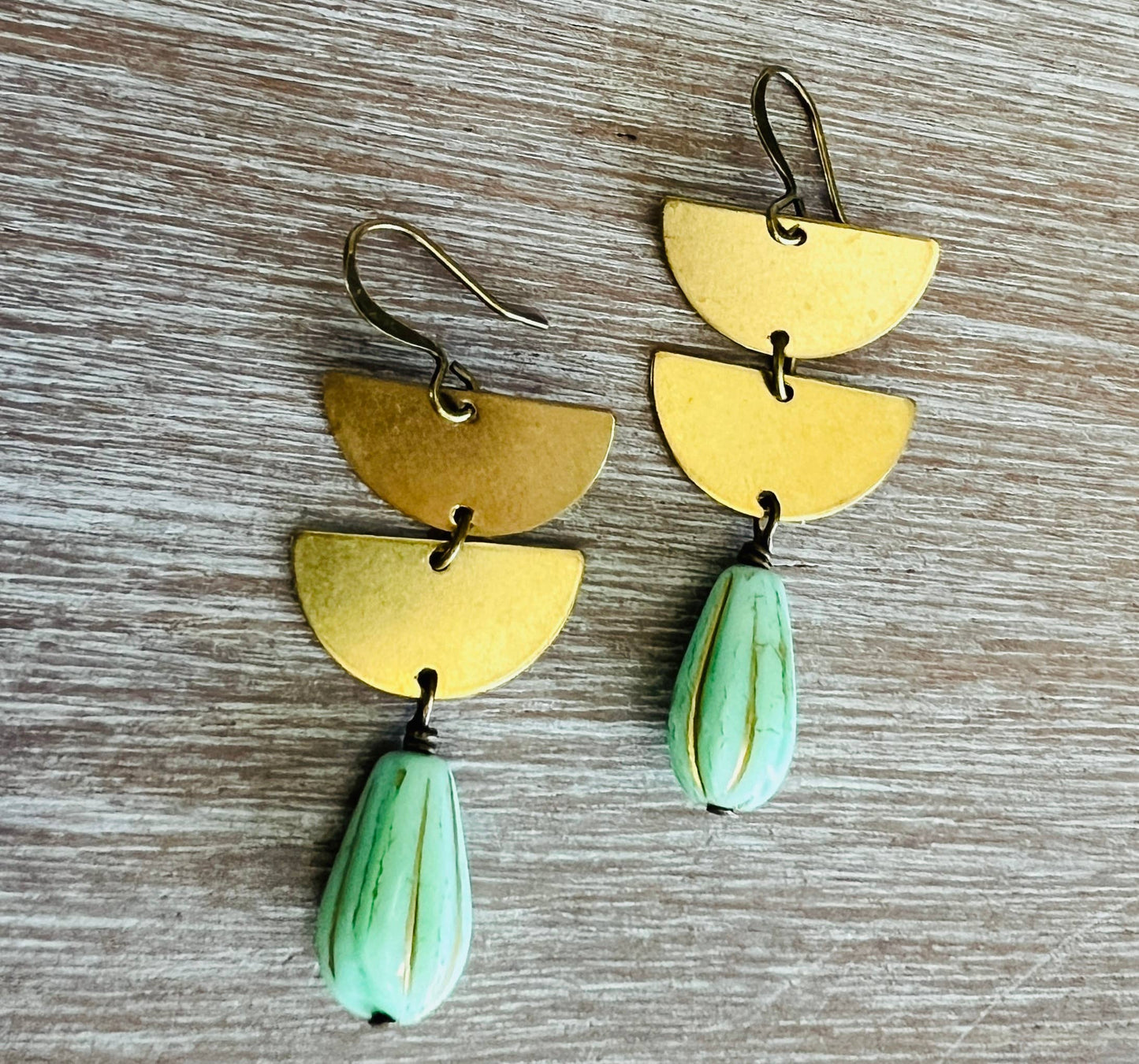 Double Half Moon Earrings With Mint Crystal Drop