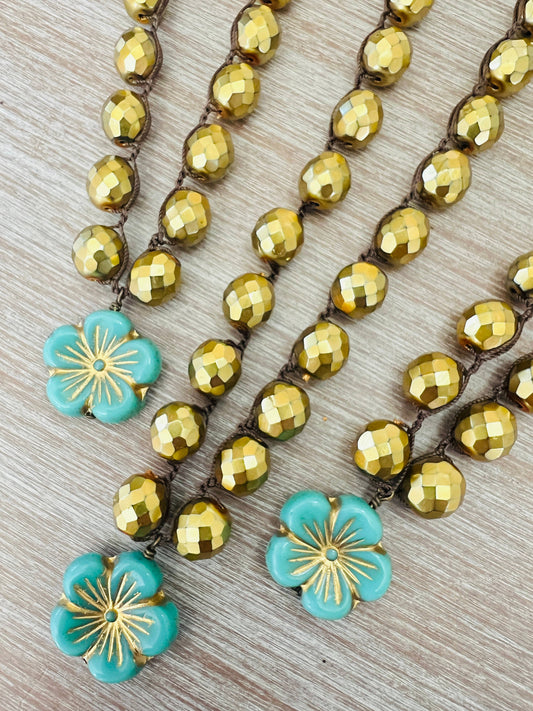 Golden Aqua Glass Flower Crocheted Crystal Necklace