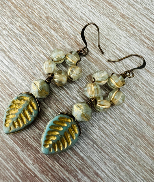 Palm Leaf Drop Earrings with Translucent Aqua Crystal