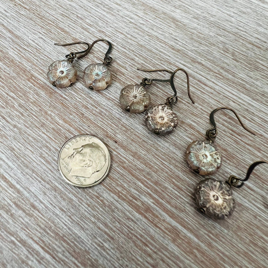 Dainty Pressed Glass Flower Earring in Antique Pink Shimmer