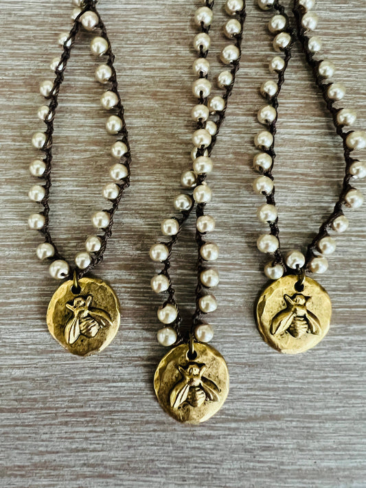 Dainty Glass Pearl Crocheted Necklace With Golden Bee Charm