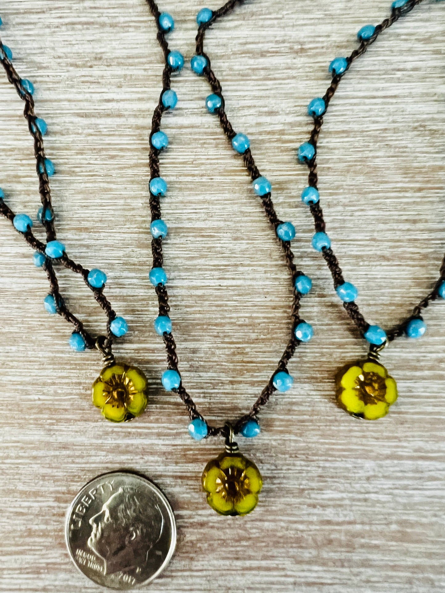 Citron Dainty Glass Flower With Denim Czech Crystal 