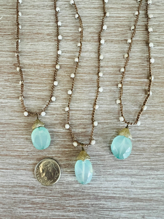 Chalcedony Dew Drop Necklace With Frosty White Crystal