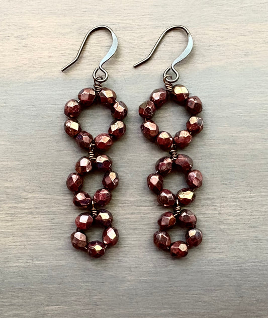 Cranberry Shimmer Triple Loop Crystal Earrings