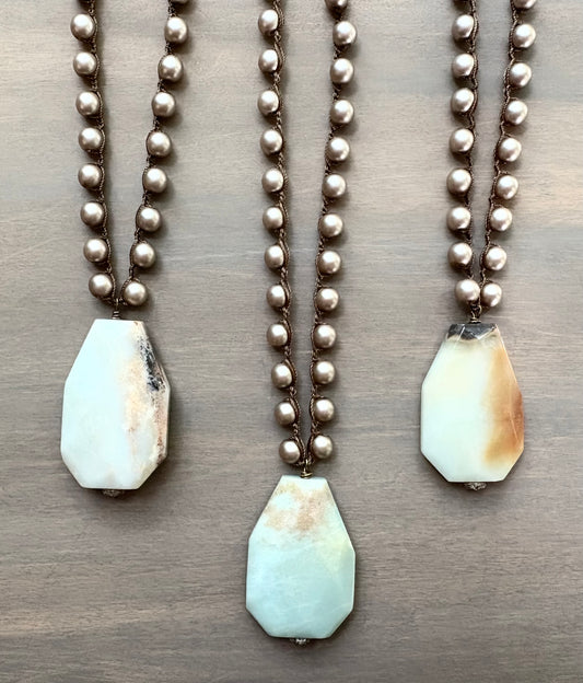 Amazonite Stone Pendant on Crocheted Satin Pearls