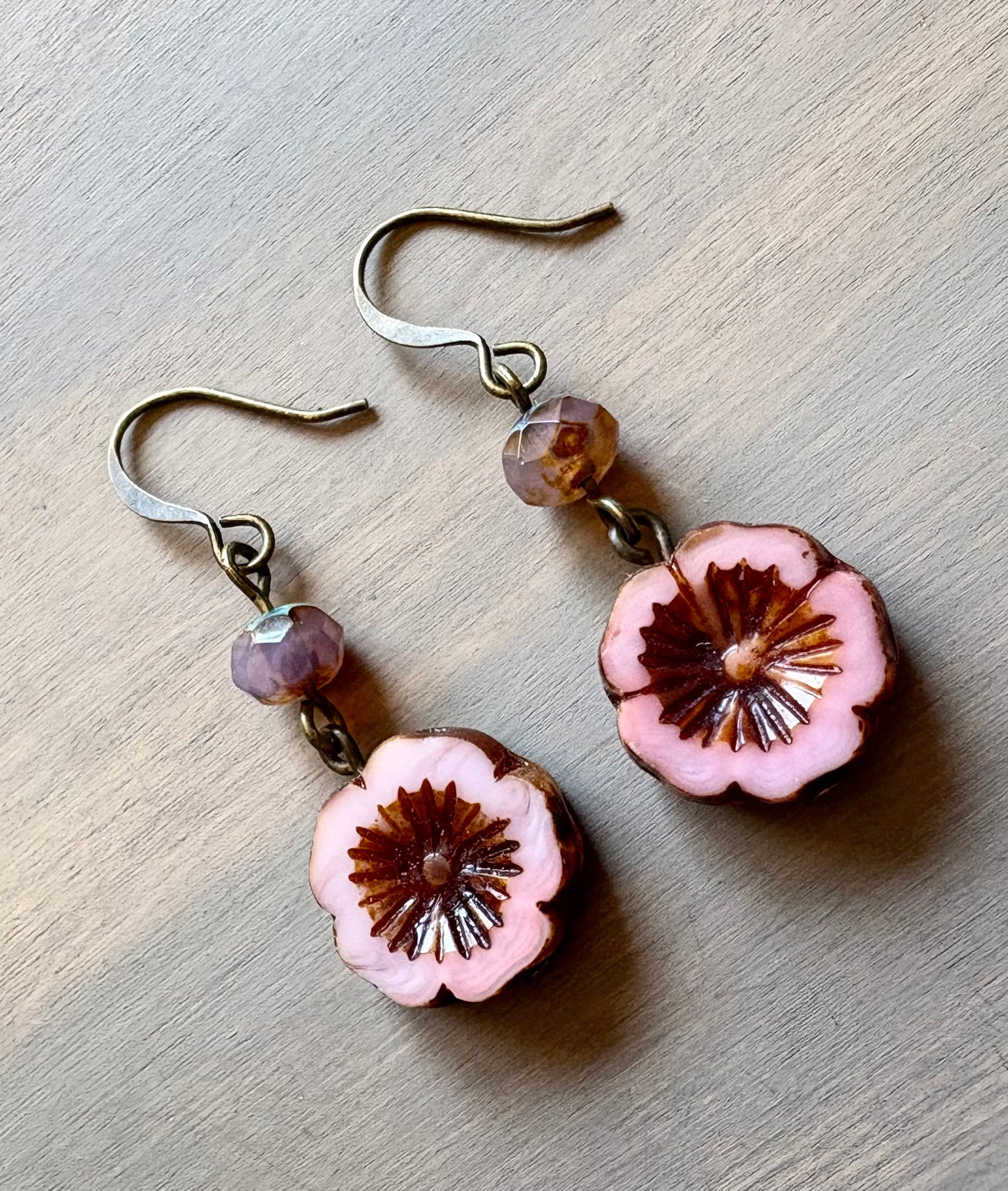 Pressed Glass Dangle Flower Earrings