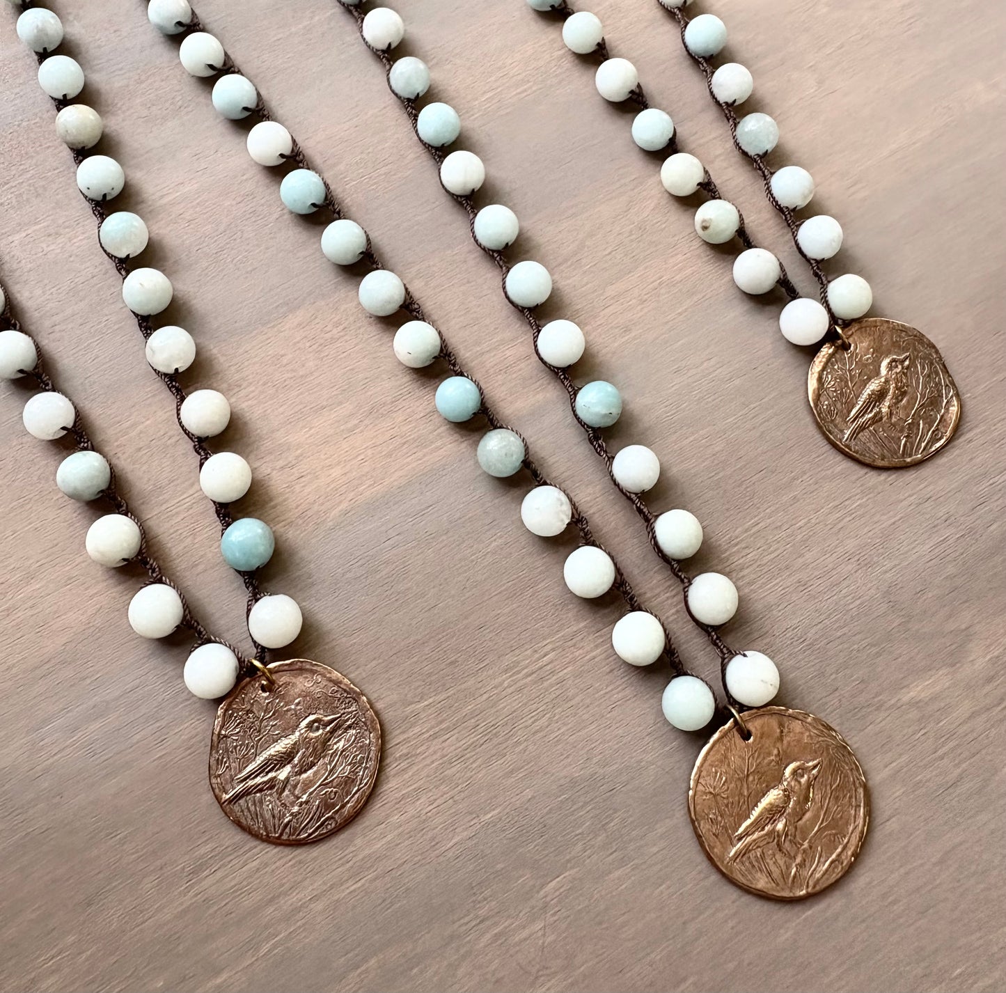 Bronze Robin Handmade Coin Charm With Amazonite Stones