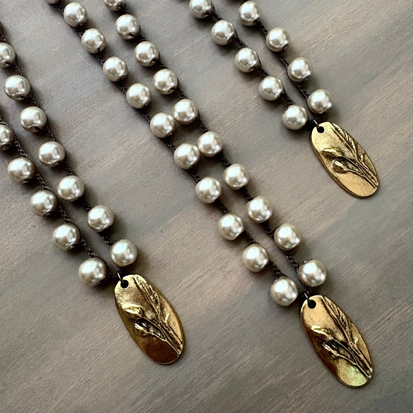 Long Classic Glass Pearl Necklace And Handmade Marsh Flower Charm