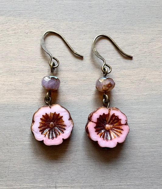 Pressed Glass Dangle Flower Earrings