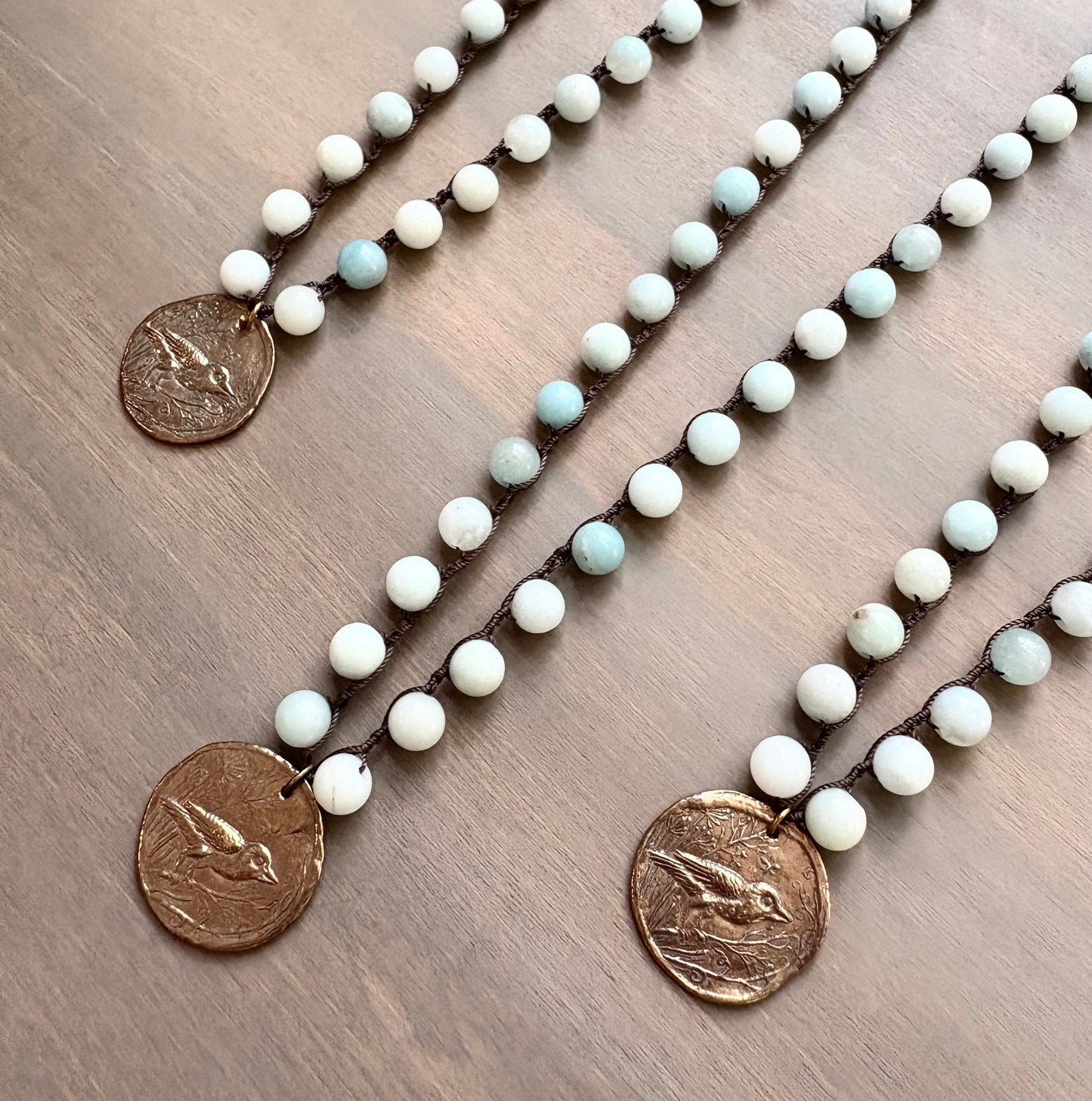 Bronze Robin Handmade Coin Charm With Amazonite Stones
