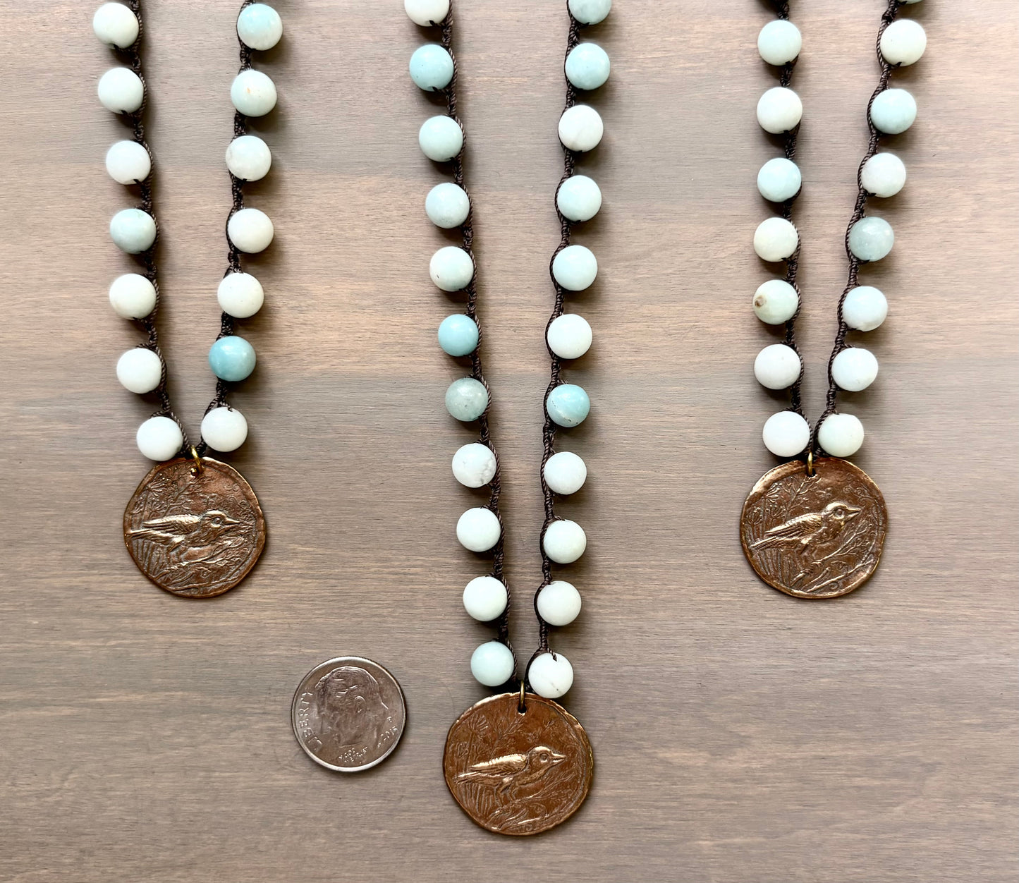 Bronze Robin Handmade Coin Charm With Amazonite Stones
