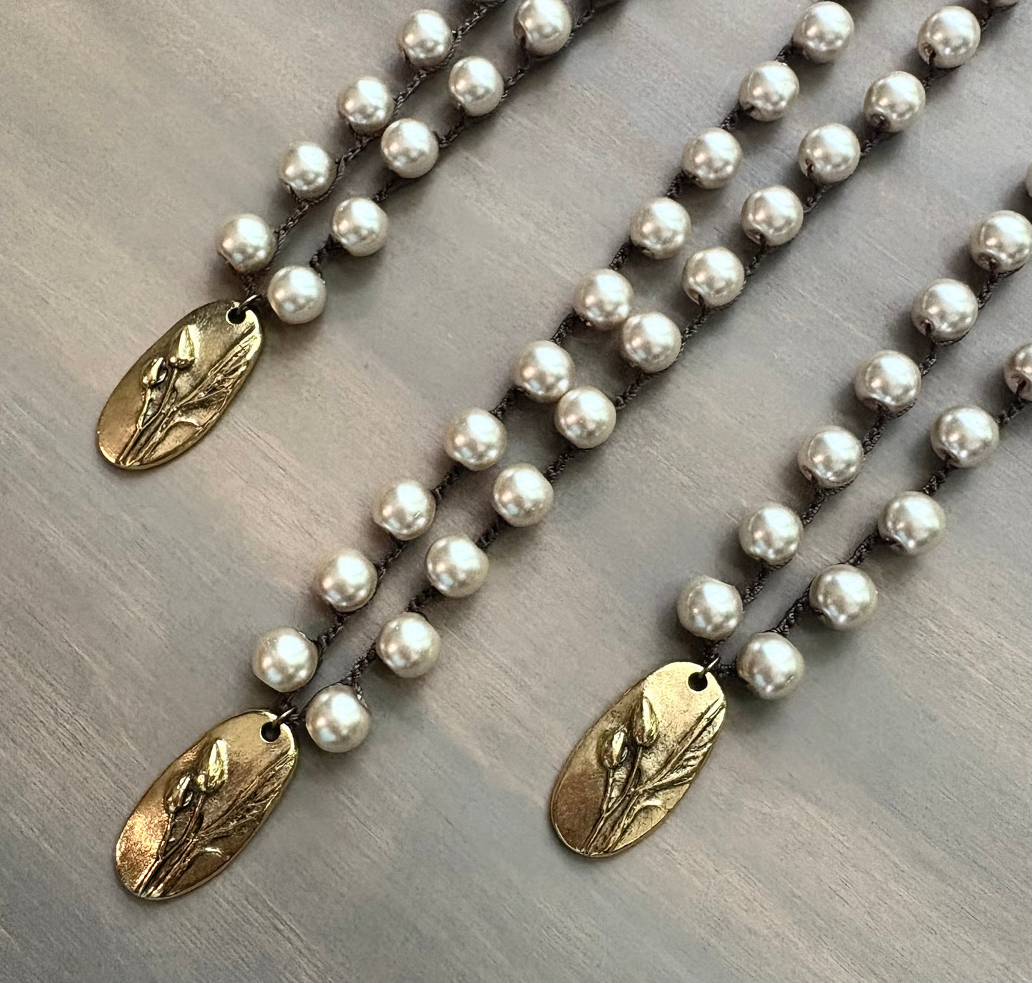 Long Classic Glass Pearl Necklace And Handmade Marsh Flower Charm