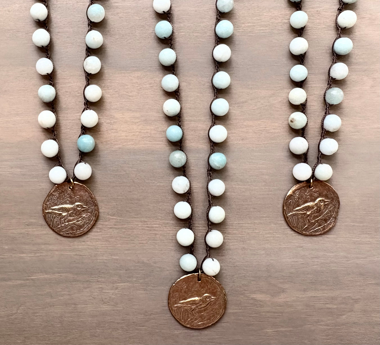 Bronze Robin Handmade Coin Charm With Amazonite Stones