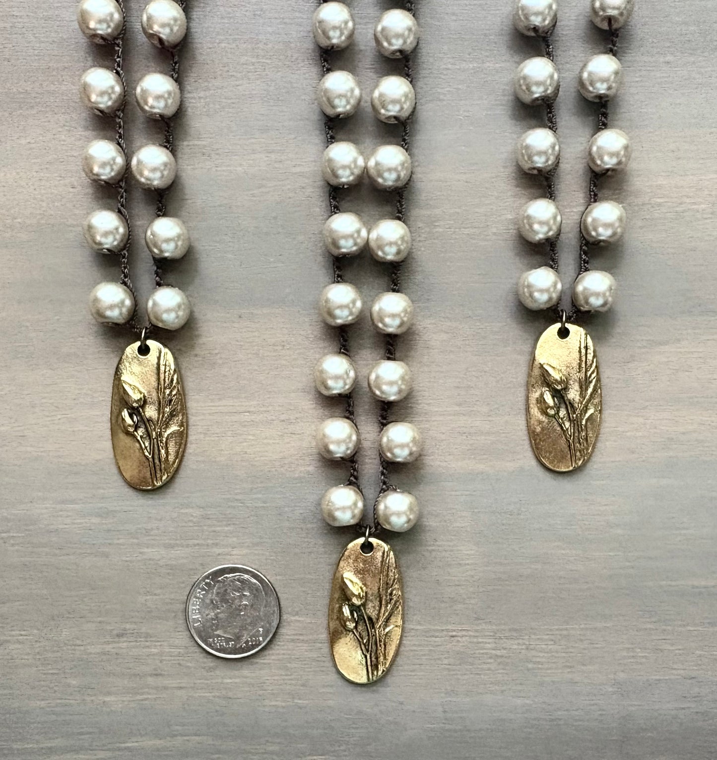 Long Classic Glass Pearl Necklace And Handmade Marsh Flower Charm