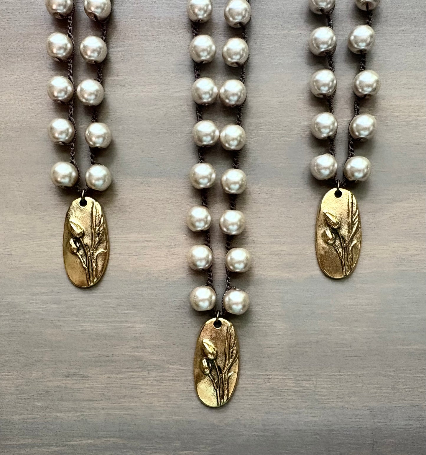 Long Classic Glass Pearl Necklace And Handmade Marsh Flower Charm