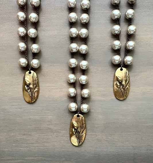Long Classic Glass Pearl Necklace And Handmade Marsh Flower Charm