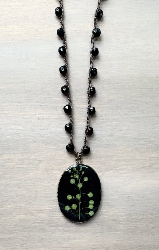 Long Botanical Pendant on Black Crystal, Version 3