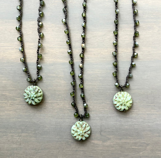 Green Flower of Life On Crocheted Czech Crystal Strand