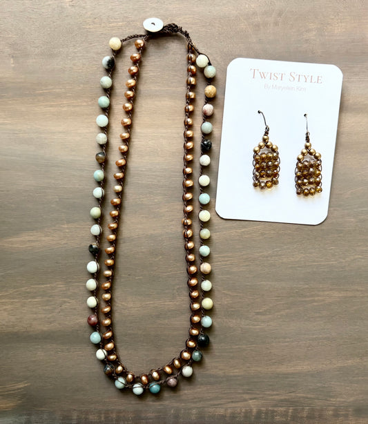 Double Strand Mixed Stone and Pearls with Earrings Set