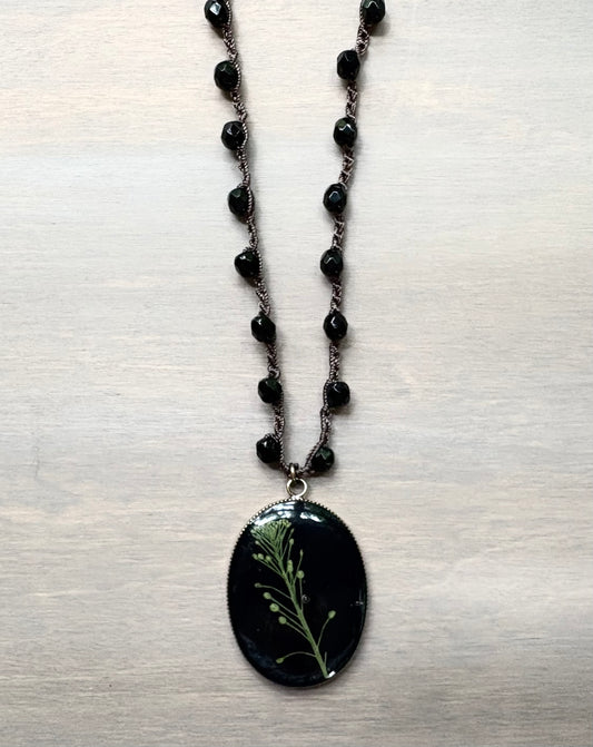 Long Botanical Pendant on Black Crystal, Version 2